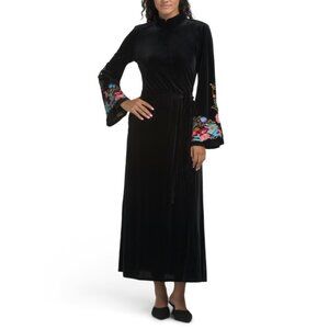 DALIA MACPHEE Black Long Sleeve Embroidered Velvet Maxi Dress